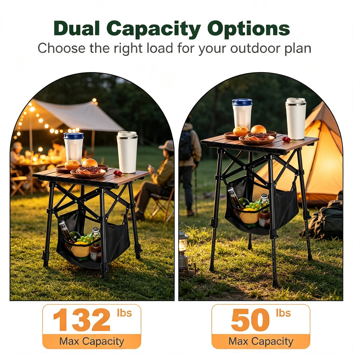 Adjustable Height Folding Camping Side Table with Storage Mesh Bag