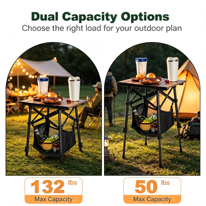 Adjustable Height Folding Camping Side Table with Storage Mesh Bag