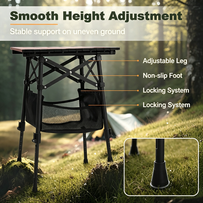 Adjustable Height Folding Camping Side Table with Storage Mesh Bag