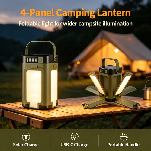 Solar Rechargeable Camping Lantern with Fold‑Out Light Panels