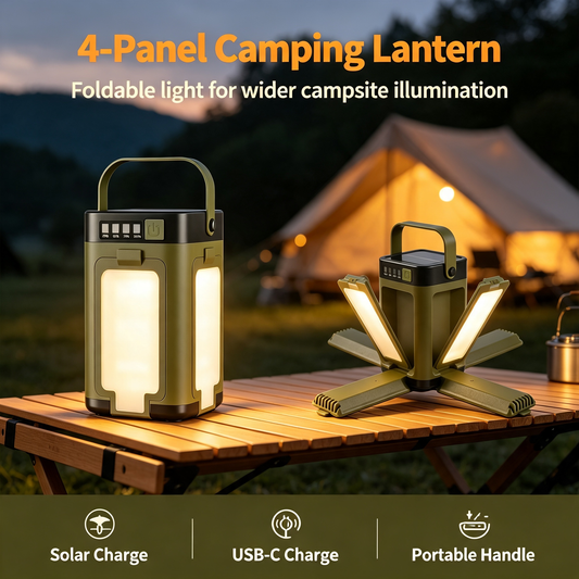 Solar Rechargeable Camping Lantern with Fold‑Out Light Panels