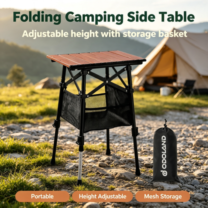 Adjustable Height Folding Camping Side Table with Storage Mesh Bag