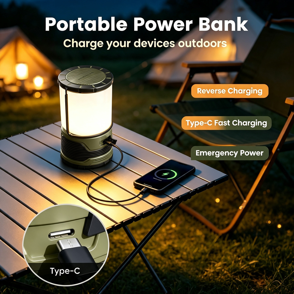 Rechargeable LED Camping Lantern, Portable 1200LM Camping Light with Power Bank Function